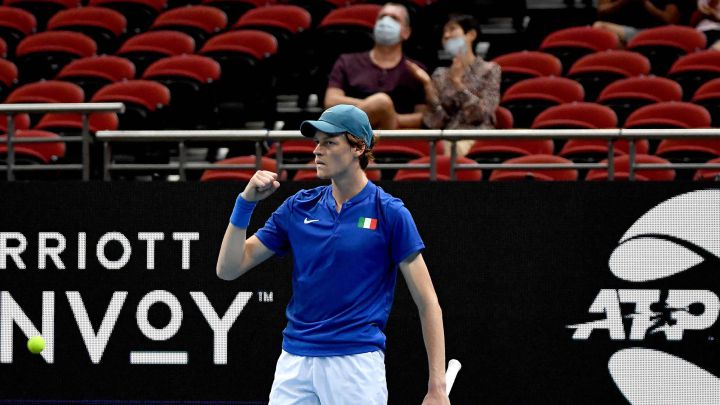 Italian tennis player Jannik Sinner celebrates a point against Frenchman Arthur Rinderknech during their ATP Cup Group B tie between Italy and France.