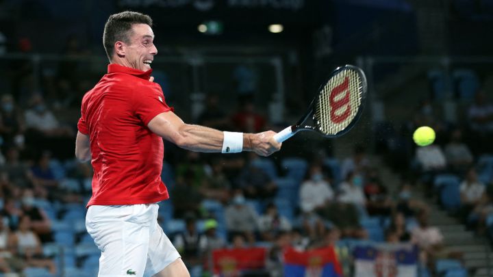 Roberto Bautista en su partido de la ATP Cup 2022 ante Dusan Lajovic.