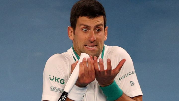 Serbian tennis player Novak Djokovic reacts during his match against Daniil Medvedev in the final of the Australian Open 2021.