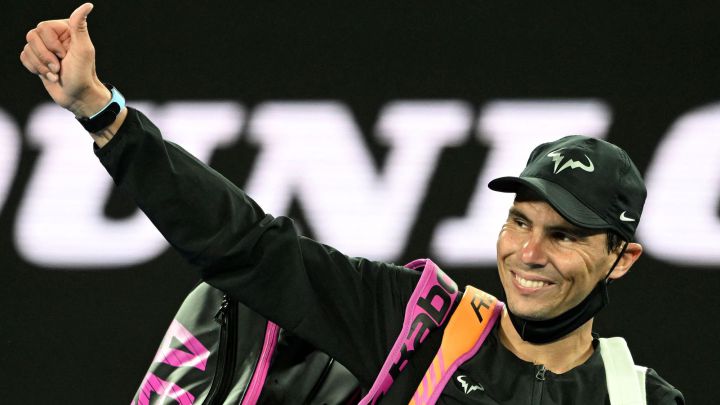 Rafael Nadal of Spain celebrates his victory in his men's singles match against Ricardas Berankis of Lituania at the Melbourne Summer Set tennis tournament in Melbourne on January 6, 2022. (Photo by Mike FREY / AFP) / - IMAGE RESTRICTED TO EDITORIAL USE - STRICTLY DO NOT COMMERCIAL USE -
