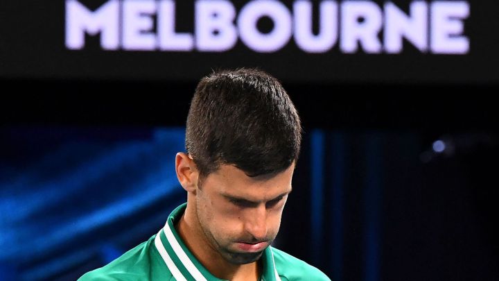 Serbian tennis player Novak Djokovic reacts during his match against Taylor Fritz at the 2021 Australian Open.