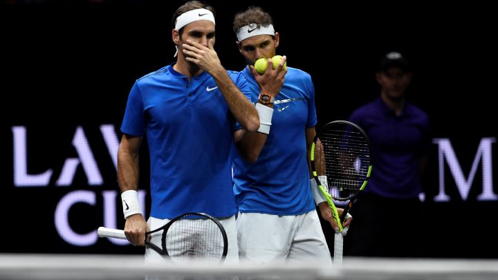 Swiss tennis player Roger Federer and Spaniard Rafa Nadal, wearing the colors of Europe during their doubles match against Sam Querrey and Jack Sock at the 2017 Laver Cup.