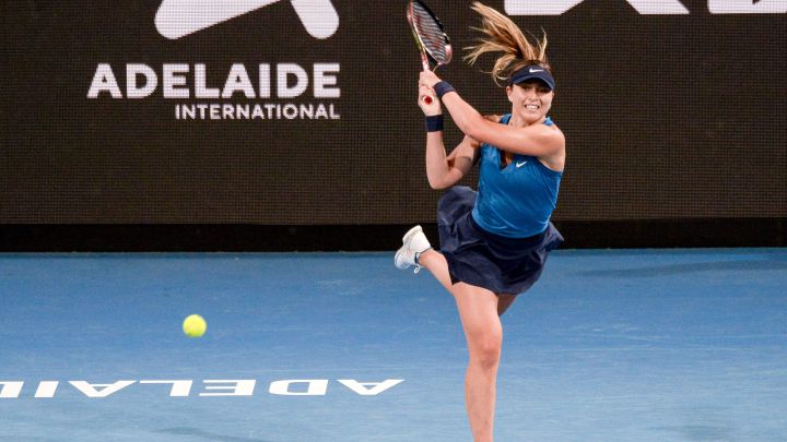 Spanish tennis player Paula Badosa returns a ball during her match against Victoria Azarenka at the Adelaide International 2022.