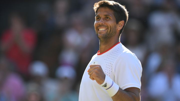 Spanish tennis player Fernando Verdasco celebrates his victory against Kyle Edmund at the 2019 Wimbledon tournament.