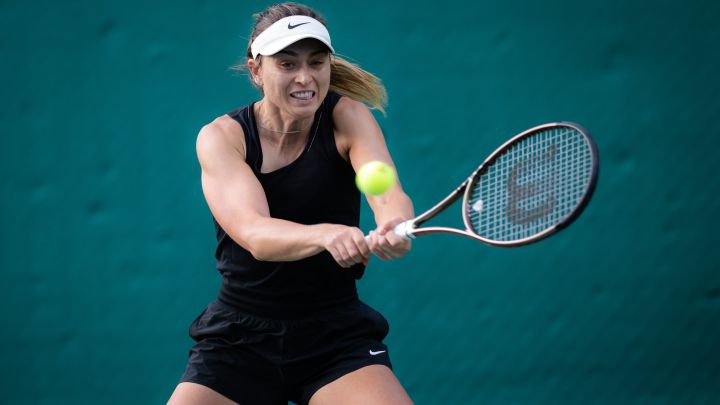 Spanish tennis player Paula Badosa returns a ball during training prior to the Dubai Duty Free Tennis Championships.