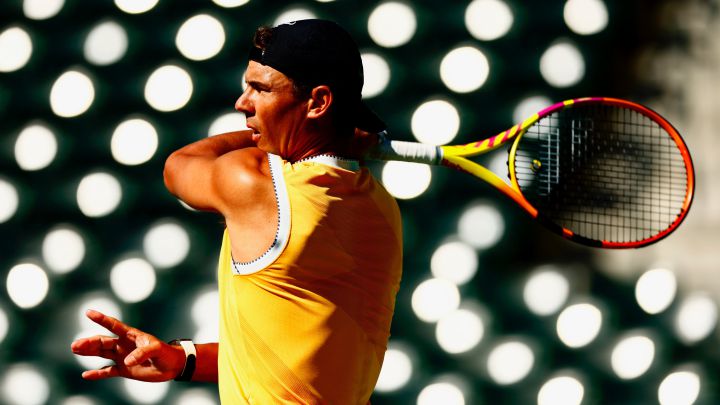 Spanish tennis player Rafa Nadal trains at Stadium 1 before the Masters 1,000 in Indian Wells.