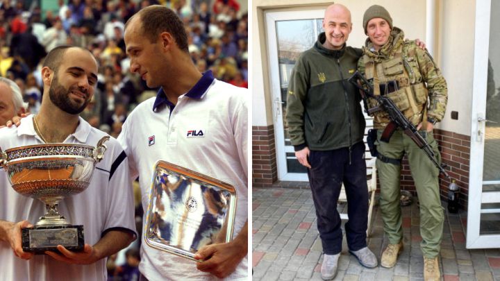 The Ukrainian tennis player Andrei Medvedev, with André Agassi after the 1999 Roland Garros final, and with the Ukrainian tennis player Sergiy Stakhovsky during the Ukrainian War in kyiv.