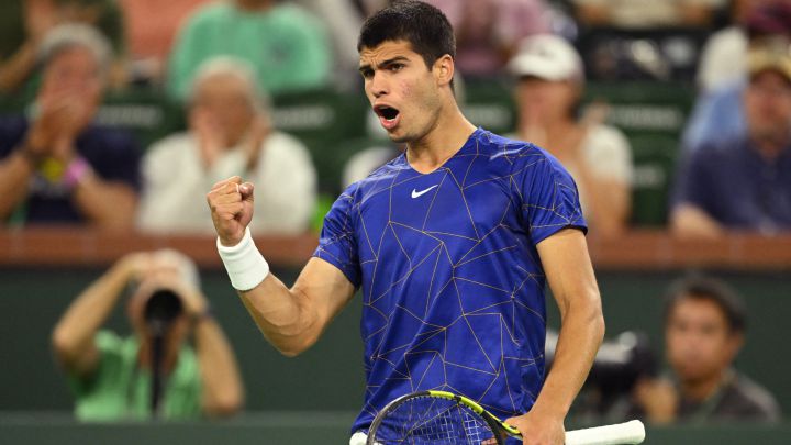Spanish tennis player Carlos Alcaraz celebrates a point during his match against Cameron Norrie at the BNP Paribas Open, the Indian Wells Masters 1,000, at the Indian Wells Tennis Garden.