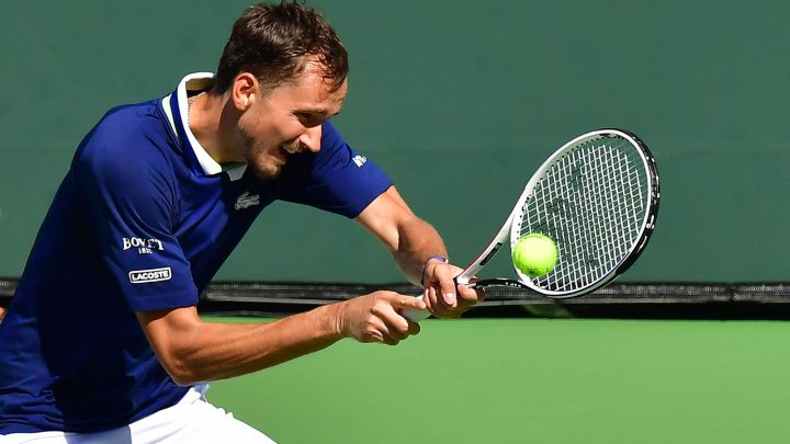 Russian tennis player Daniil Medvedev returns a ball during his match against Gael Monfils at the Indian Wells Masters 1,000.