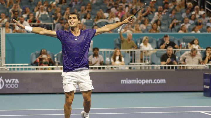 Apr 1, 2022;  Miami Gardens, FL, USA;  Carlos Alcaraz (ESP) celebrates after match point against Hubert Hurkacz (POL)(not pictured) in a men's singles semifinal in the Miami Open at Hard Rock Stadium.  Mandatory Credit: Geoff Burke-USA TODAY Sports