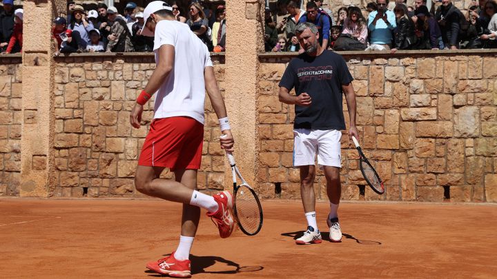 Serbian tennis player Novak Djokovic and his coach Goran Ivanisevic, during a training session prior to the Masters 1,000 in Monte Carlo.