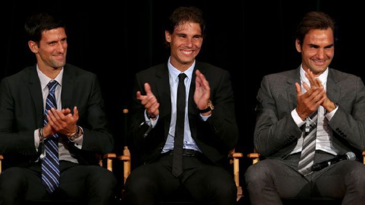 Novak Djokovic, Rafael Nadal and Roger Federer in an act.