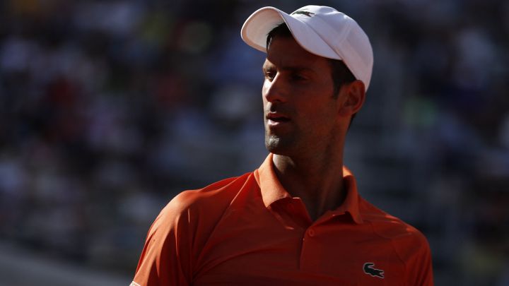 Serbian tennis player Novak Djokovic reacts during his match against Aslan Karatsev at the Masters 1,000 in Rome.
