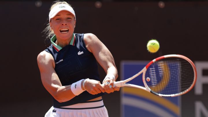 Estonian tennis player Anett Kontaveit returns a ball during her match against Petra Martic at the WTA 1,000 in Rome.