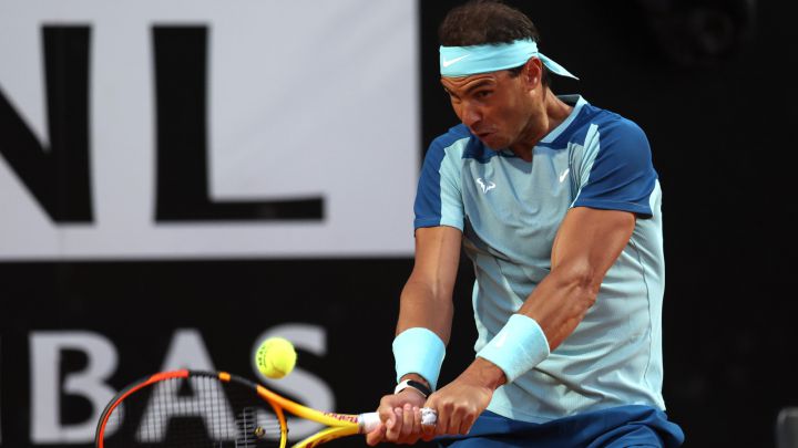 Spanish tennis player Rafa Nadal returns a ball during his match against Denis Shapovalov at the Internazionali BNL D'Italia, the Rome Masters 1,000, at the Foro Italico.