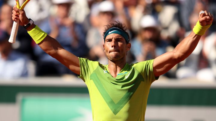 PARIS, FRANCE - MAY 27: Rafael Nadal of Spain celebrates after winning match point against Botic Van De Zandschulp of Netherlands during the Men's Singles Third Round match on Day 6 of The 2022 French Open at Roland Garros on May 27, 2022 in Paris, France .  (Photo by Adam Pretty/Getty Images)