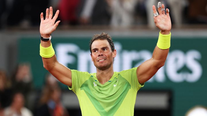 Spanish tennis player Rafa Nadal celebrates his victory against Novak Djokovic in the quarterfinals of Roland Garros 2022.
