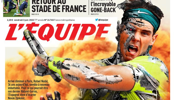 Cover of the print edition of L'Équipe for Friday, June 3, 2022, in which Nadal appears compared to the Terminator before the semifinals against Alexander Zverev at Roland Garros.