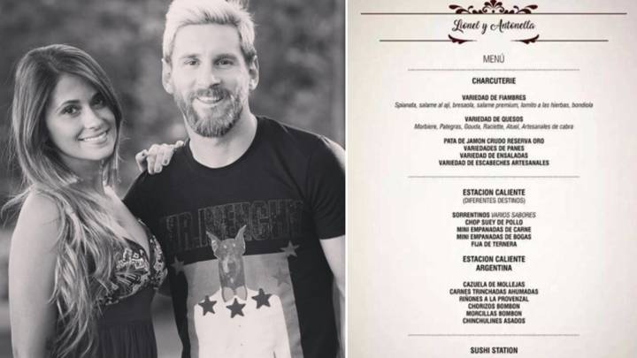 Una imagen de Lionel Messi y Antonella Roccuzzo y otra con el presunto menú de su boda. Fotos Instagram/Twitter