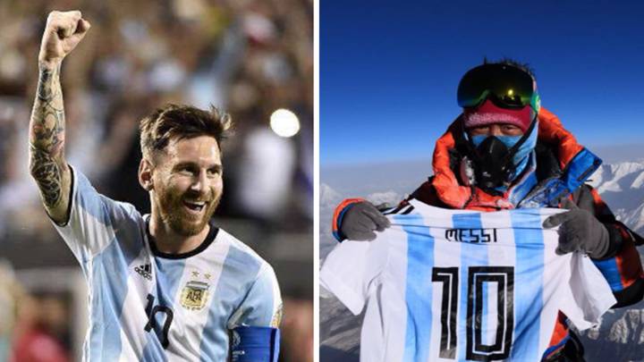 Imágenes de Leo Messi celebrando un gol con la selección argentina y del alpinista asiático Dan Zengluobu luciendo su camiseta Albiceleste en la cima del Everest. Fotos Facebook