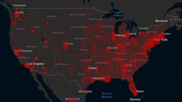 Mapa de casos y muertes por coronavirus en USA, 12 de abril