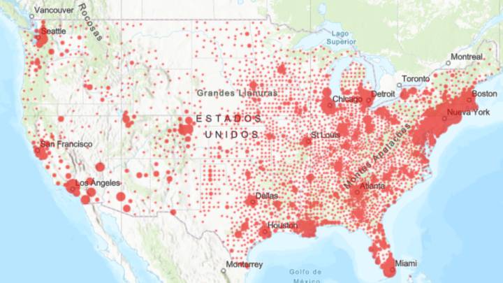 Mapa de casos y muertes por estado de coronavirus en USA; 24 de abril