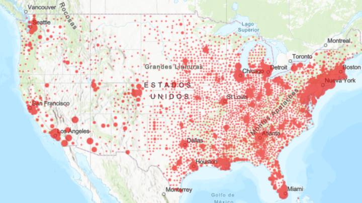 Mapa de casos y muertes por estado de coronavirus en USA; 25 de abril