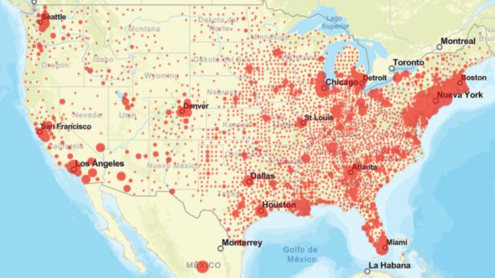 Mapa de casos y muertes por estados de coronavirus en USA; 1 de mayo