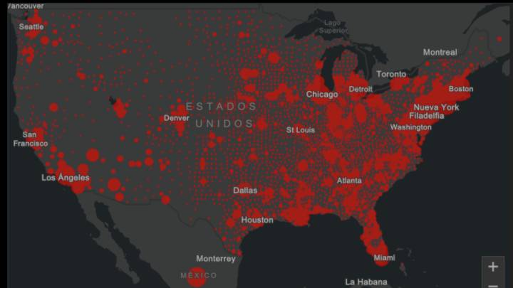 Mapa de casos y muertos por estado de coronavirus en USA; 7 de mayo