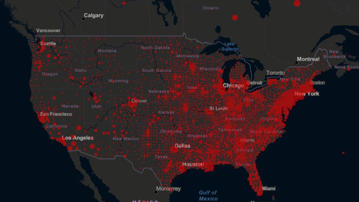 Mapa de casos y muertos por estados de coronavirus en USA; 20 de mayo