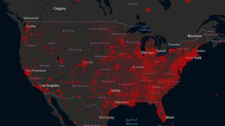 Mapa de casos y muertos por estados de coronavirus en USA; 25 de mayo